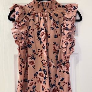 kate spade high-neck sleeveless blouse. dusty pink gorgeous floral print.